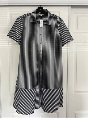 LOFT Black and White Striped Button-Up Shirt Dress